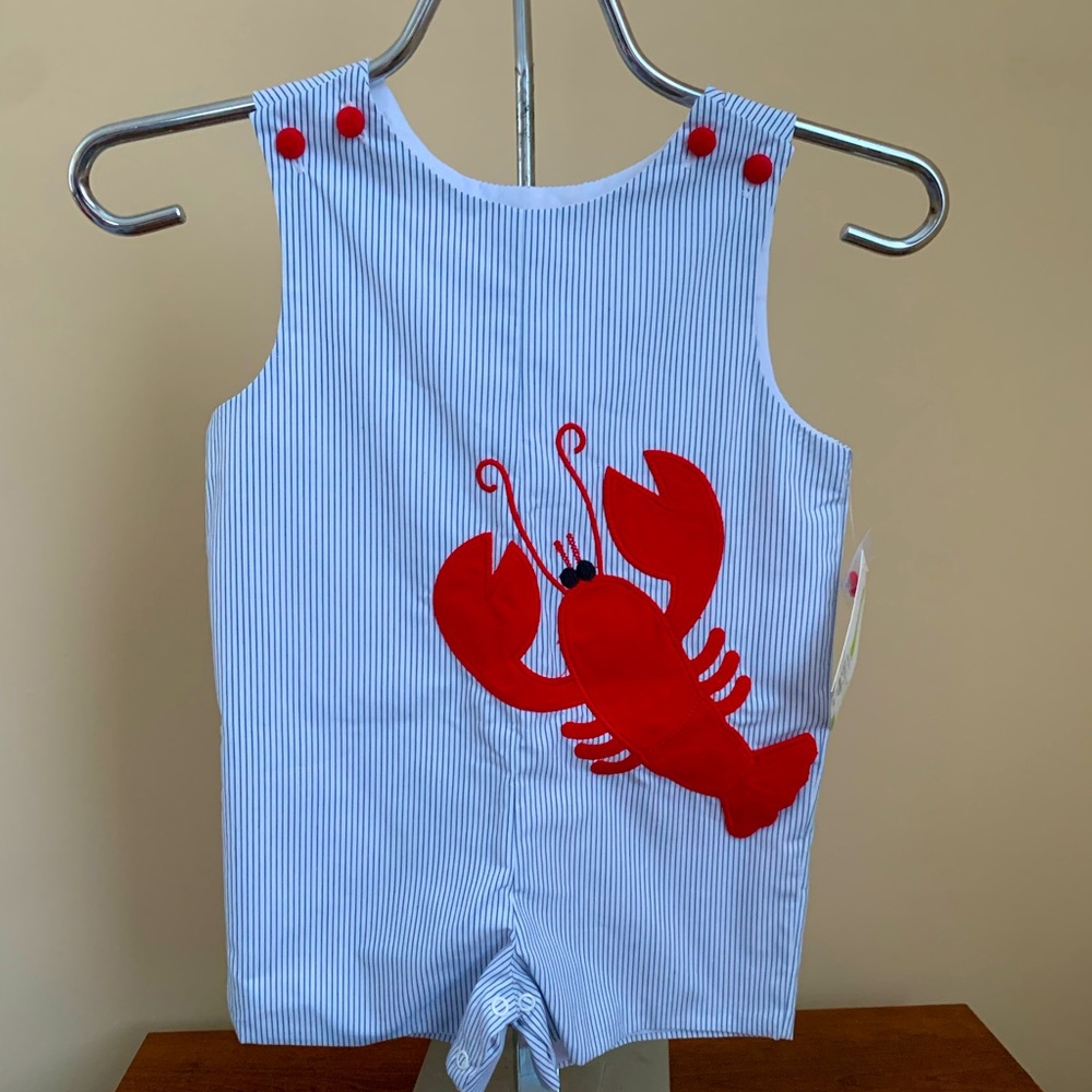 Baby shortall in blue & white stripes w/ lobster